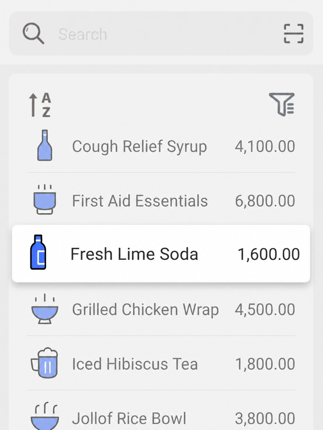EazSell Android sales catalogue showing products ready to add to a customer sale.