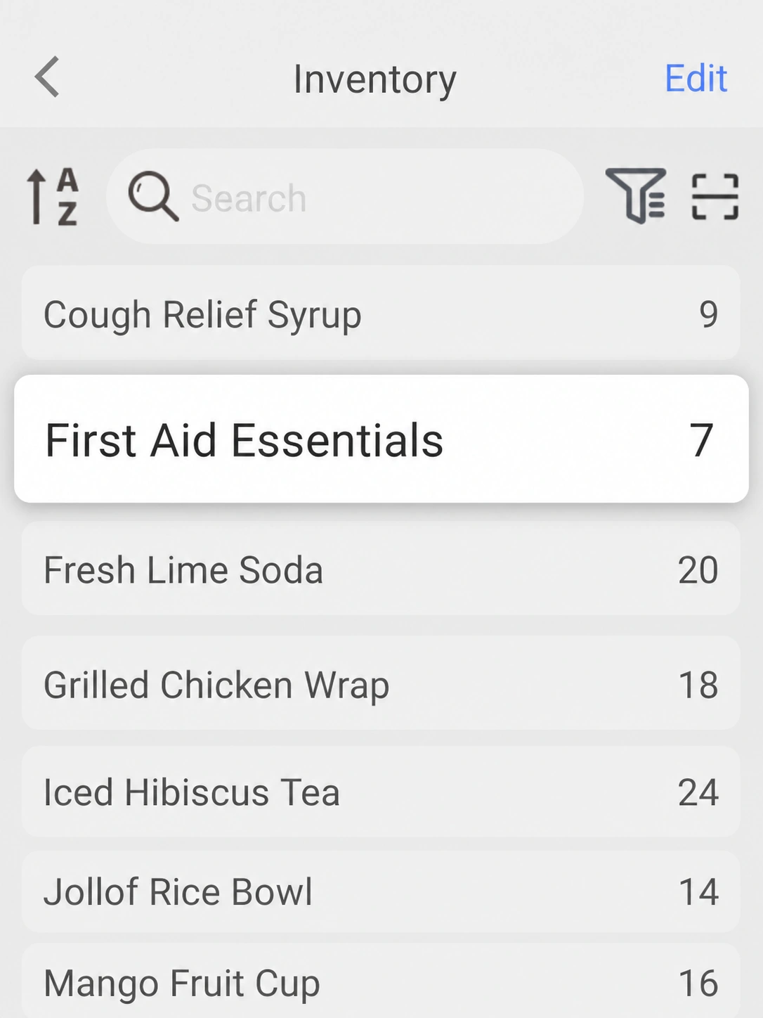 EazSell Android inventory list showing products and their current on-hand quantities.