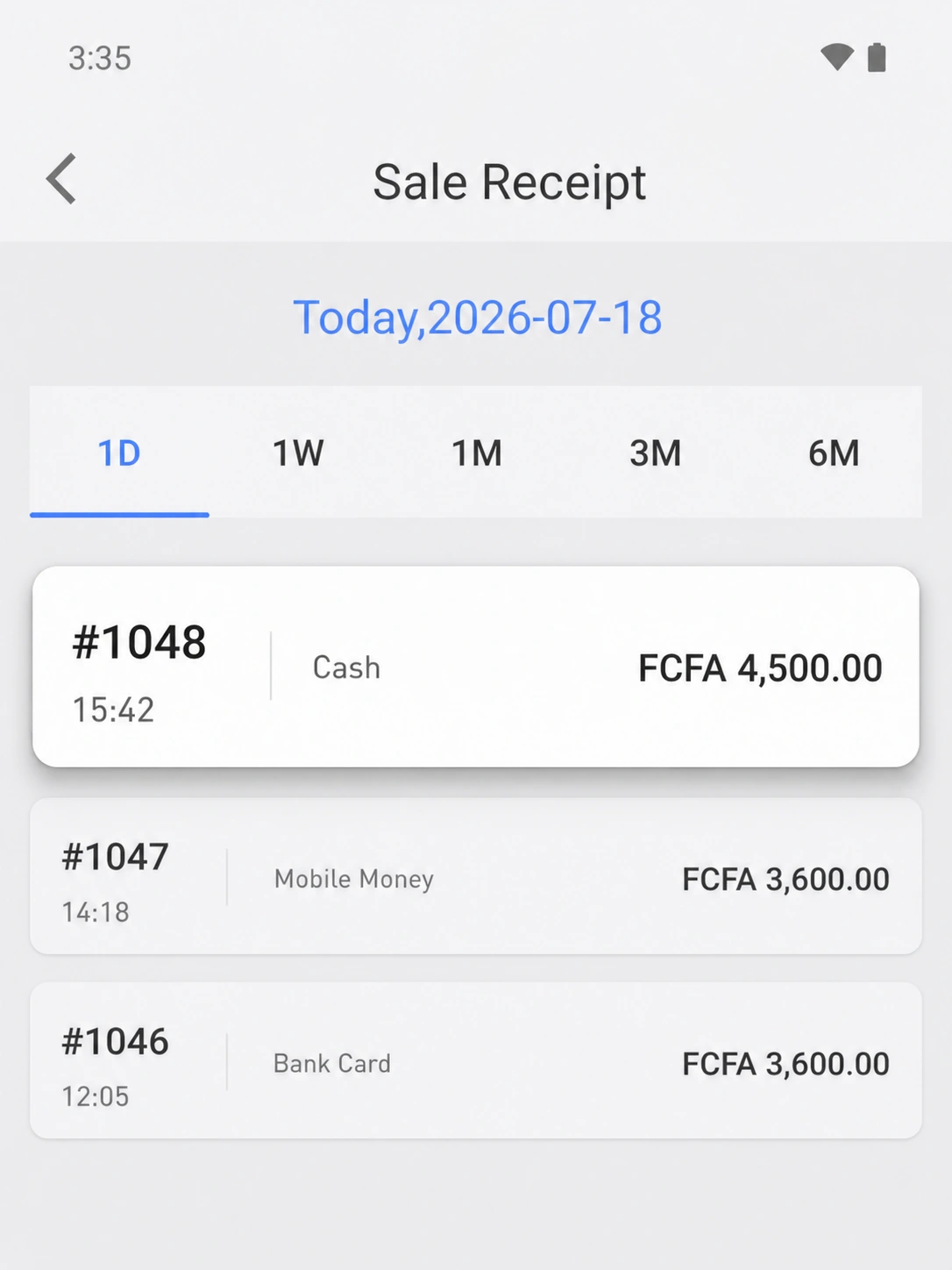 EazSell sale records screen listing completed receipts and their transaction details.