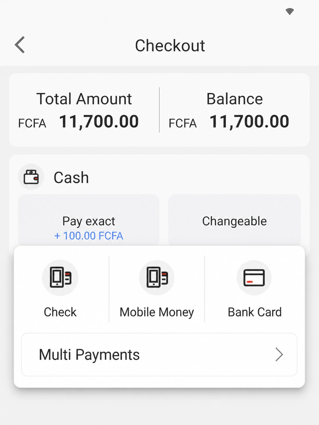 EazSell payment method screen for recording the configured method used for a customer sale.