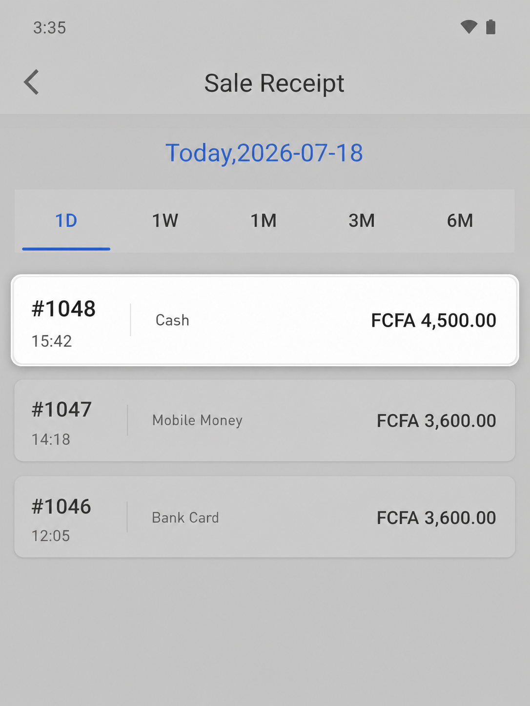 EazSell Android sale receipt history highlighting a transaction reference, payment method and amount.