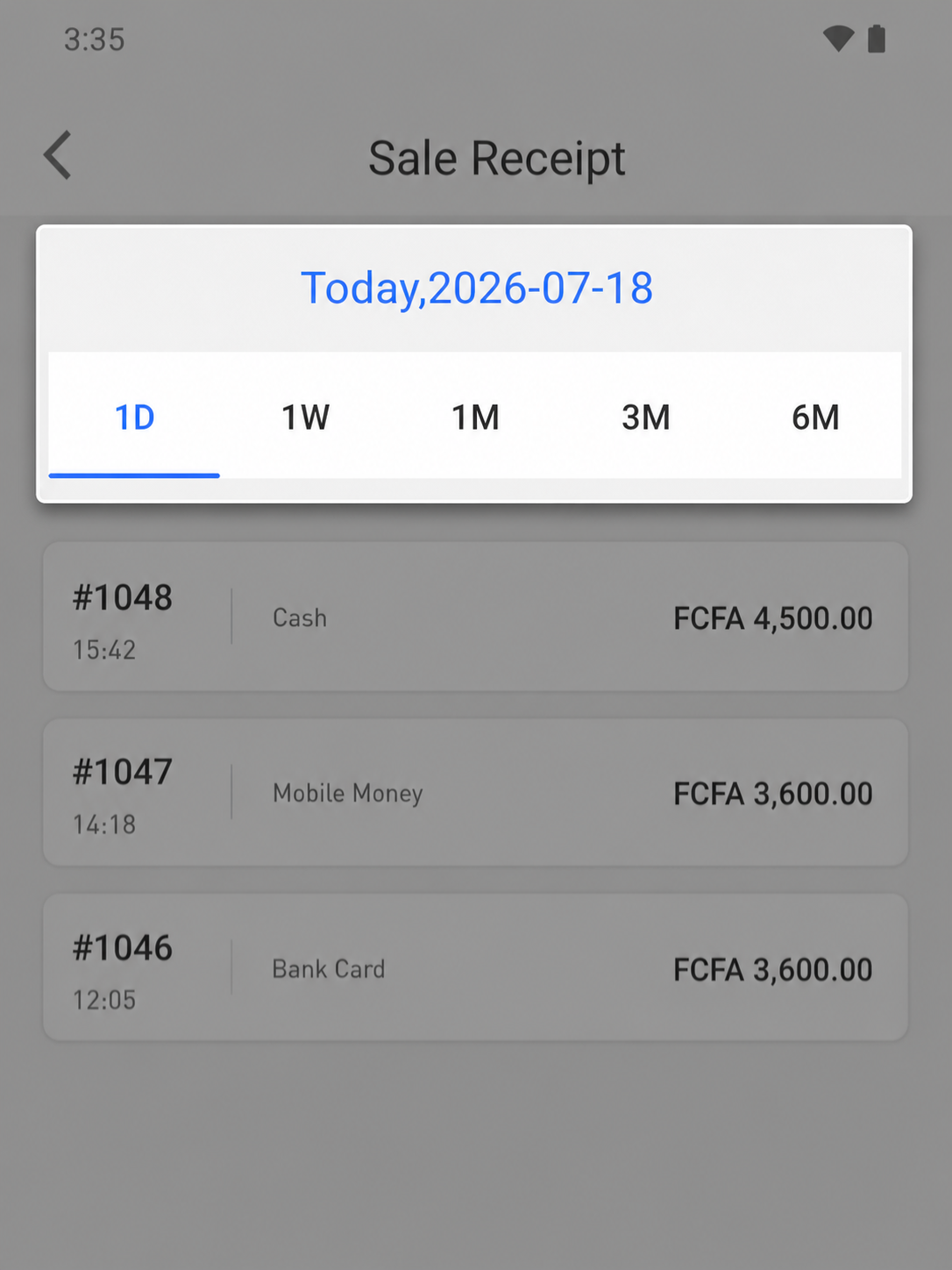 EazSell Android receipt history highlighting the date and period controls used for follow-up review.