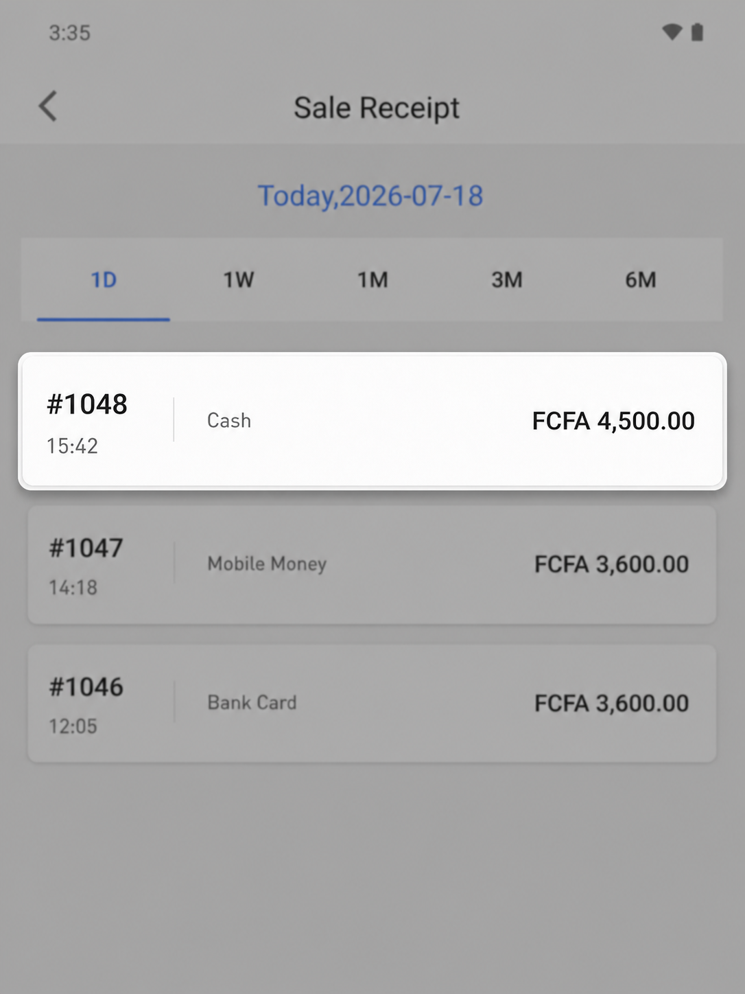 EazSell Android receipt history highlighting the reference, time, payment method and amount of a saved transaction.