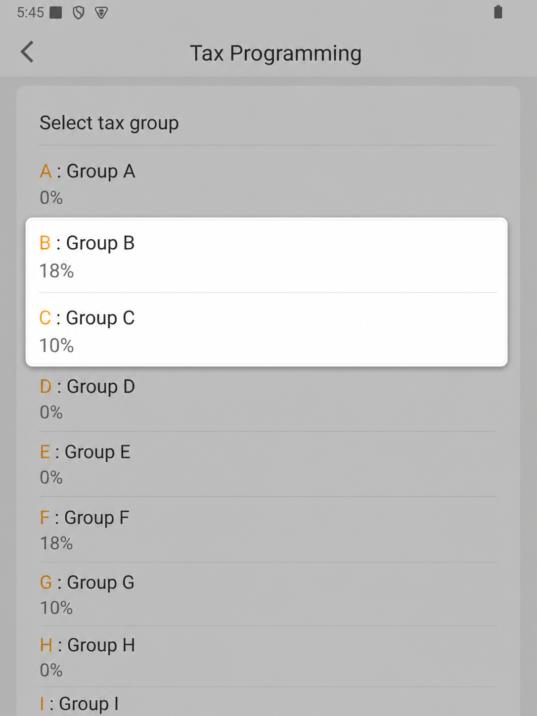 EazSell Android Tax Programming screen highlighting configured Group B and Group C tax percentages.