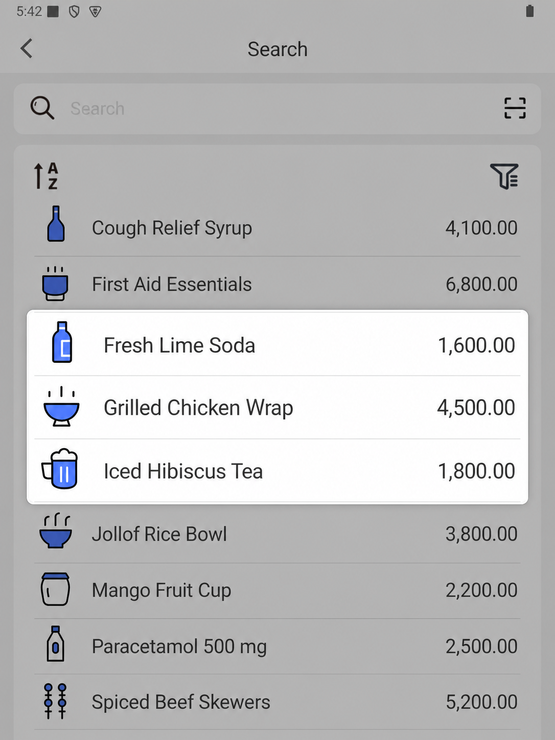 EazSell Android local product catalogue highlighting selected products and their prices while the test device is offline.
