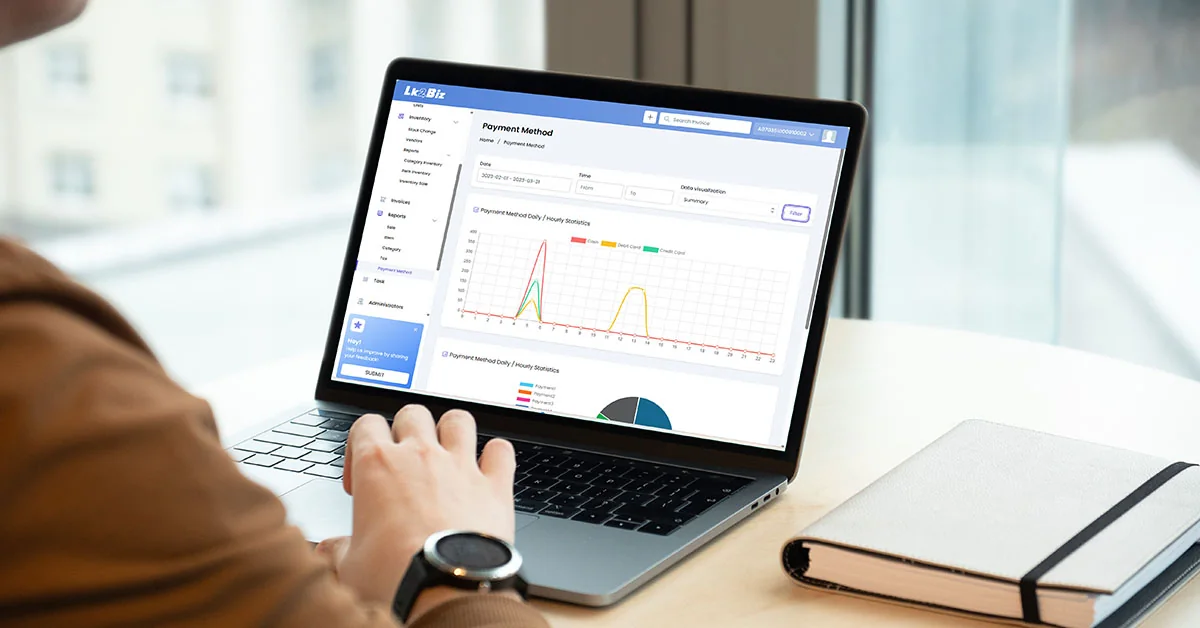 Retail manager reviewing Lk2Biz sales analytics on a laptop