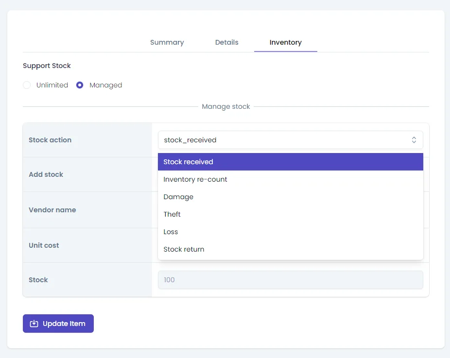 Lk2Biz inventory adjustment screen with stock action controls
