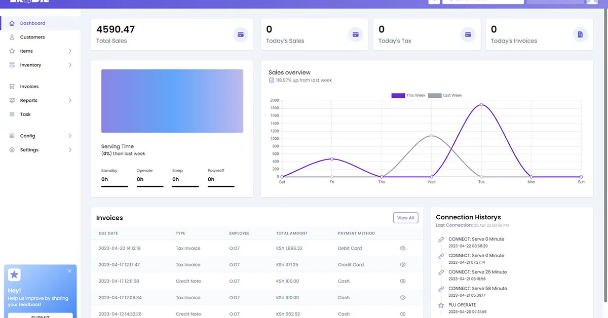 Lk2Biz sales reporting dashboard with transaction summary and trend chart