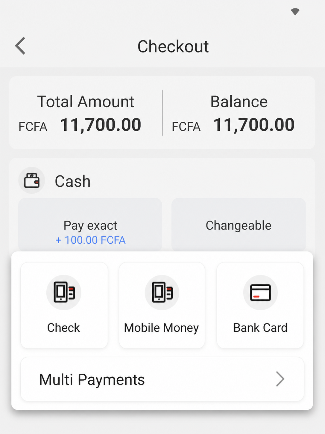EazSell Android checkout showing Cash, Mobile Money, Bank Card and Transfer payment options