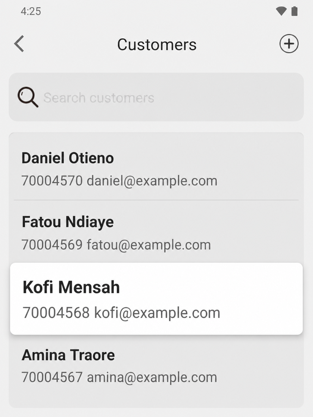 EazSell Android customer list showing several fictional customers with the selected record highlighted