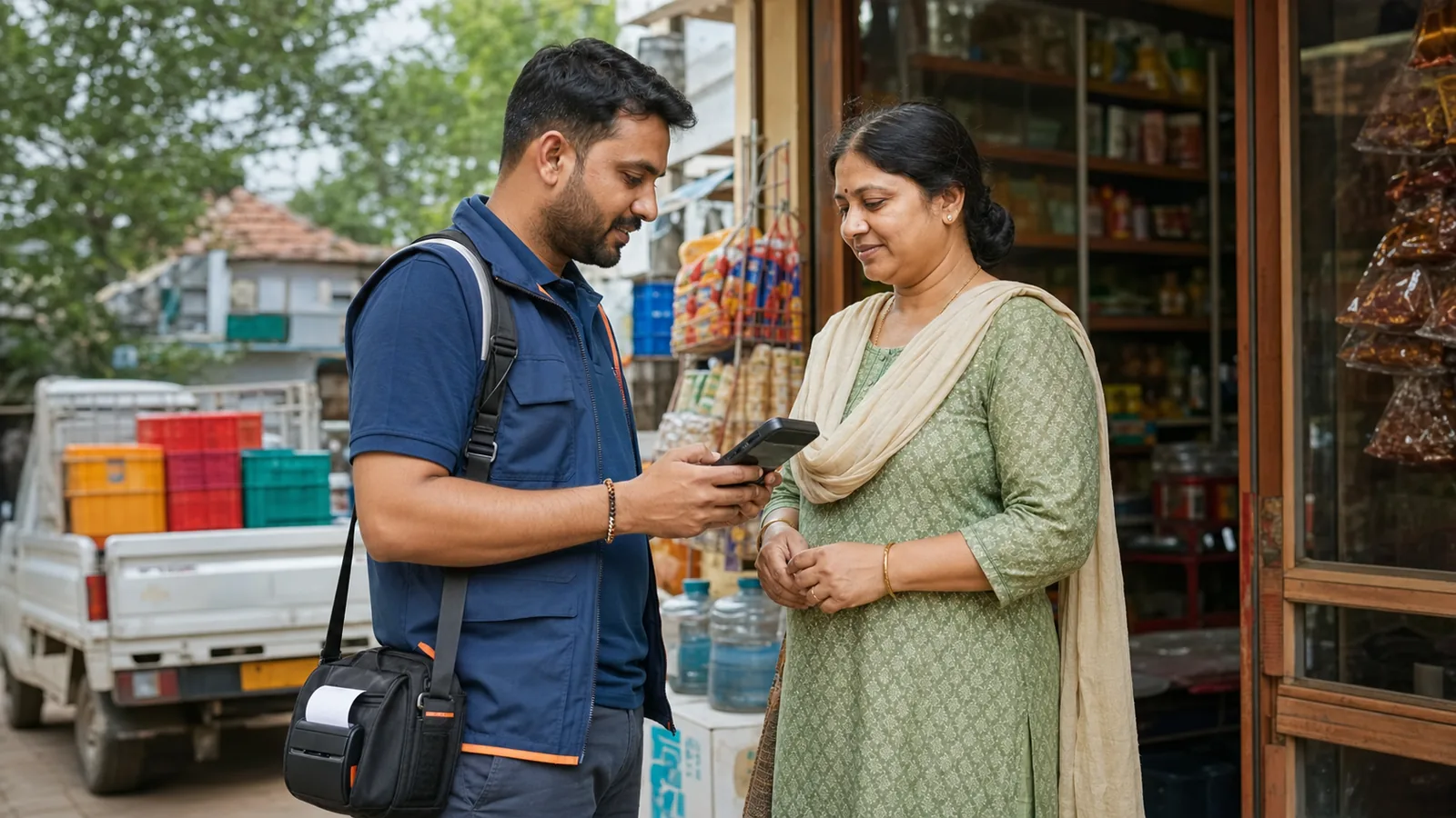 Field sales representative using a handheld Android POS with a portable receipt printer