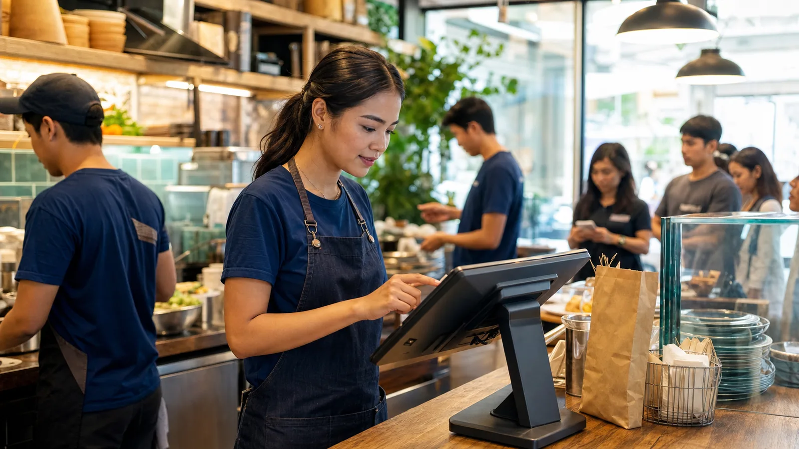 Restaurant team member entering a counter order on an Android POS during service