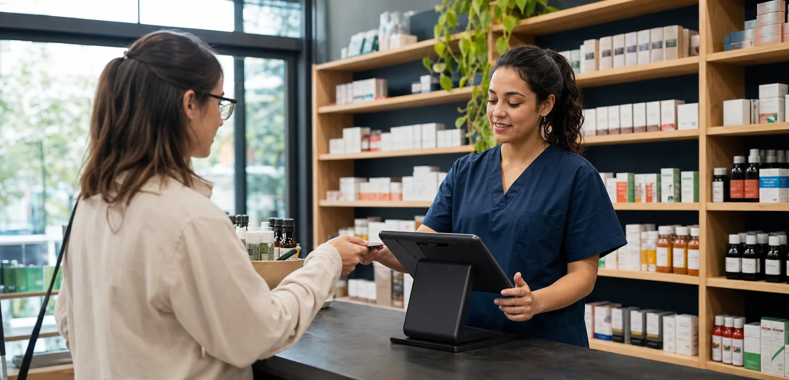 Pharmacy staff member completing a customer payment on an Android POS at the counter