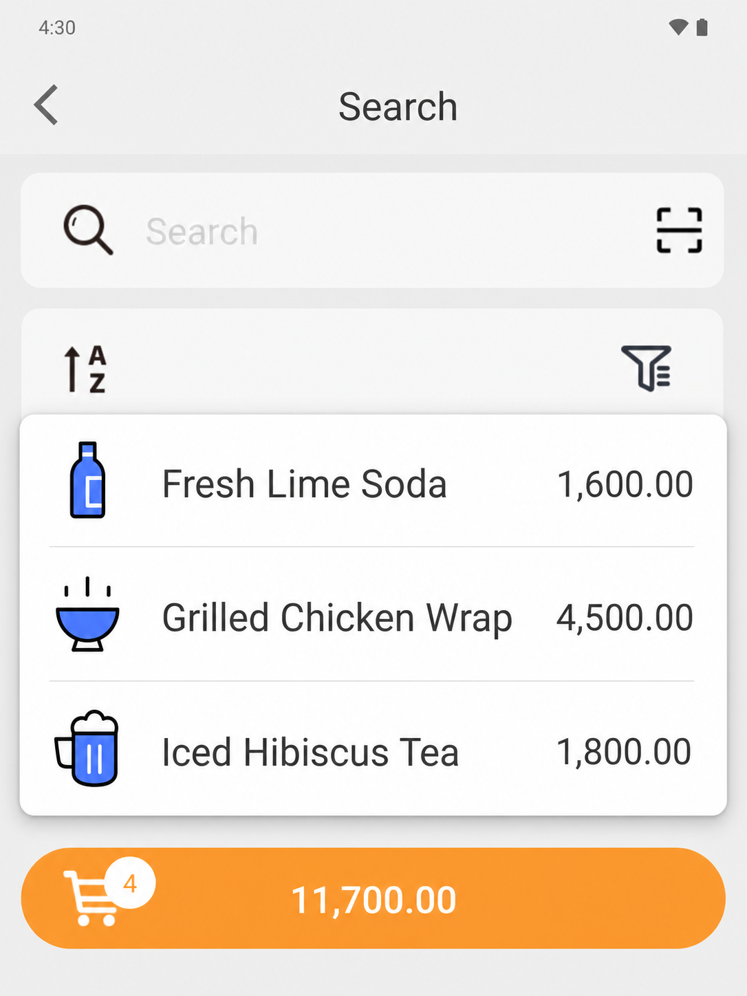 EazSell Android product search showing a fuller Fresh Kitchen menu with distinct food and drink thumbnails
