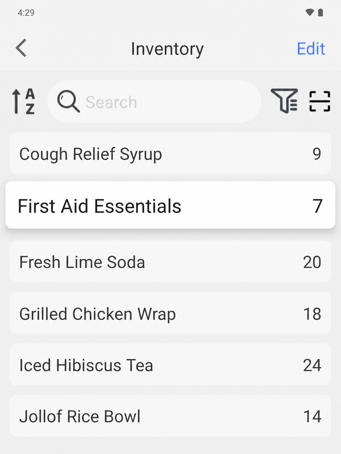 EazSell Android inventory screen showing products and their current stock quantities