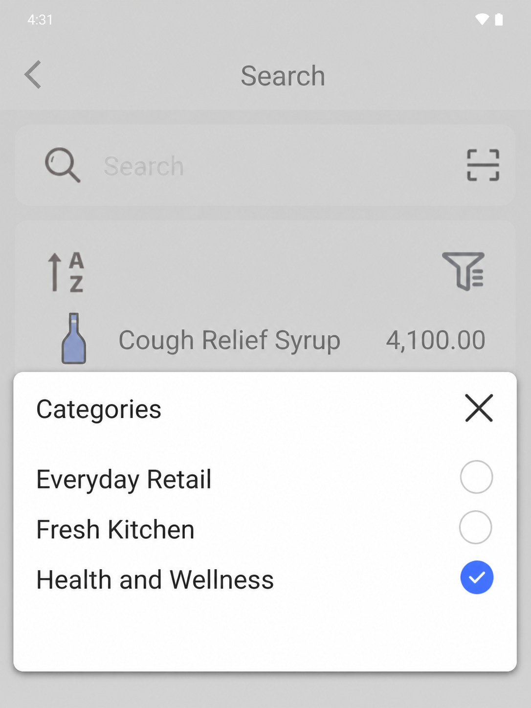 EazSell Android department filter open over Health and Wellness products with distinct thumbnails