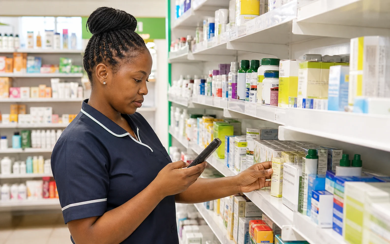 Pharmacy employee checking wellness product stock with an Android handheld in the aisle